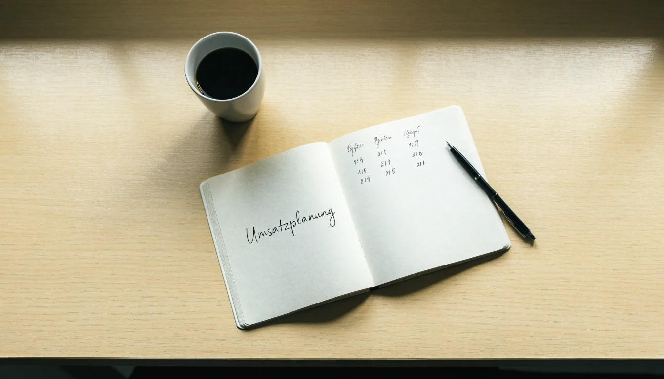 Ein aufgeschlagenes Notizbuch mit handschriftlichen Notizen und ein Kugelschreiber liegen auf einem hellen Schreibtisch neben einer Kaffeetasse.