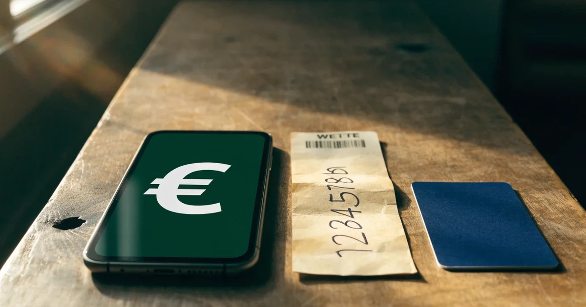 Ein Smartphone liegt mit dem Display nach unten auf einem Holztisch, daneben ein paar Euro-Münzen und eine unbeschriftete Plastikkarte im Morgenlicht.