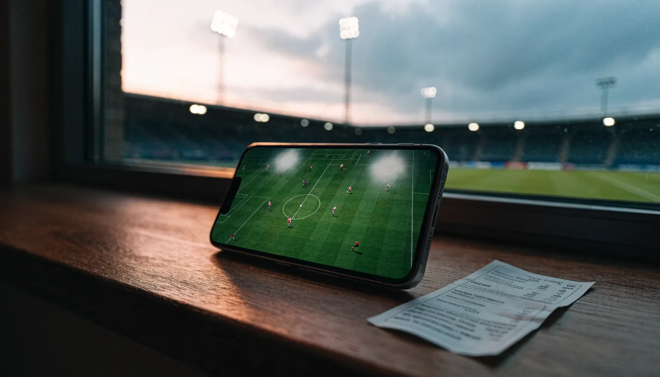 Ein Fußballplatz mit Flutlichtmasten in der Abenddämmerung, aus der Ferne gesehen, leere Tribünen und nasser Rasen unter bewölktem Himmel.