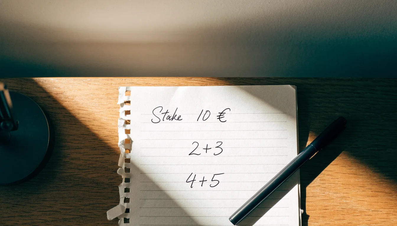 Ein Taschenrechner und ein Blatt Papier mit handschriftlichen Notizen liegen auf einem Schreibtisch unter dem warmen Licht einer Lampe.