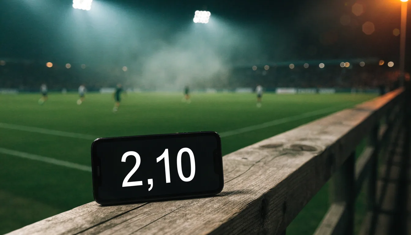 Ein Stadion unter Flutlicht bei Nacht, von einem Hügel aus der Ferne betrachtet, mit Dunst über dem Spielfeld.