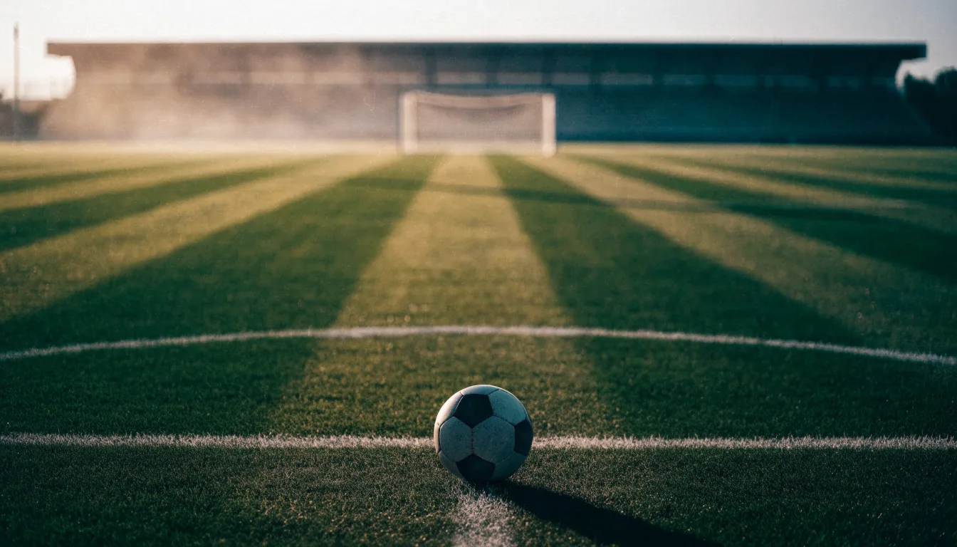 Ein Fußball liegt auf dem Elfmeterpunkt eines leeren Rasenplatzes, im Hintergrund eine Tribüne im Dunst.