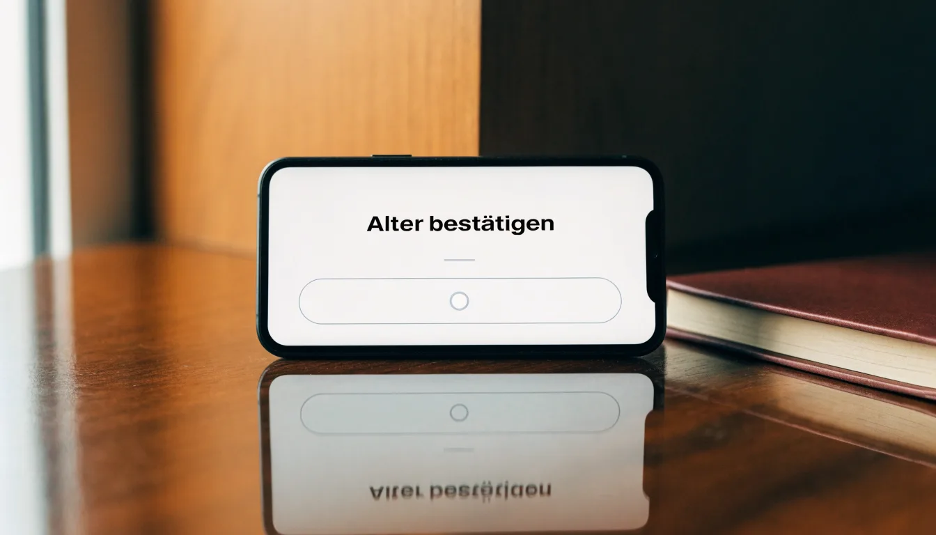 Eine Waage aus Messing und ein geschlossener Aktenordner ohne Beschriftung stehen auf einem polierten Schreibtisch vor einem Fenster.