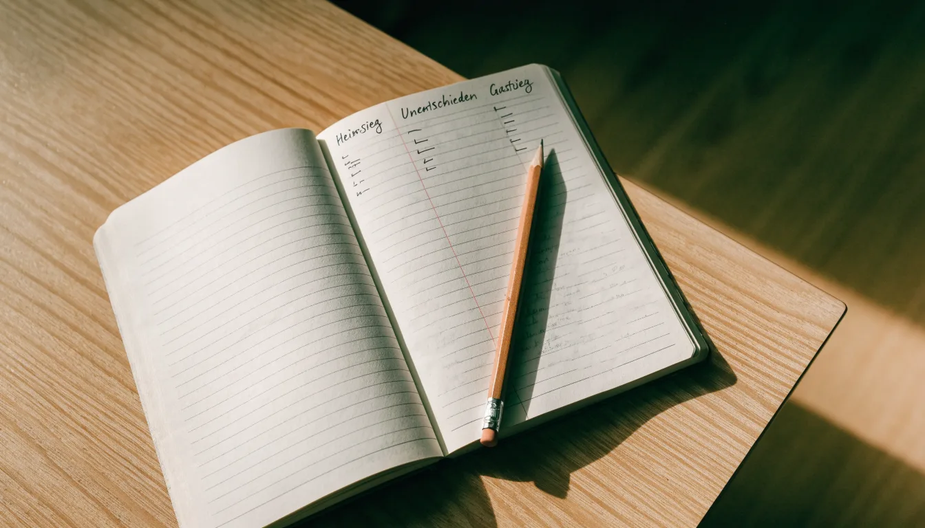 Ein Notizbuch mit drei handgezeichneten Spalten und ein Bleistift liegen auf einem Holztisch, seitlich fällt Tageslicht herein.