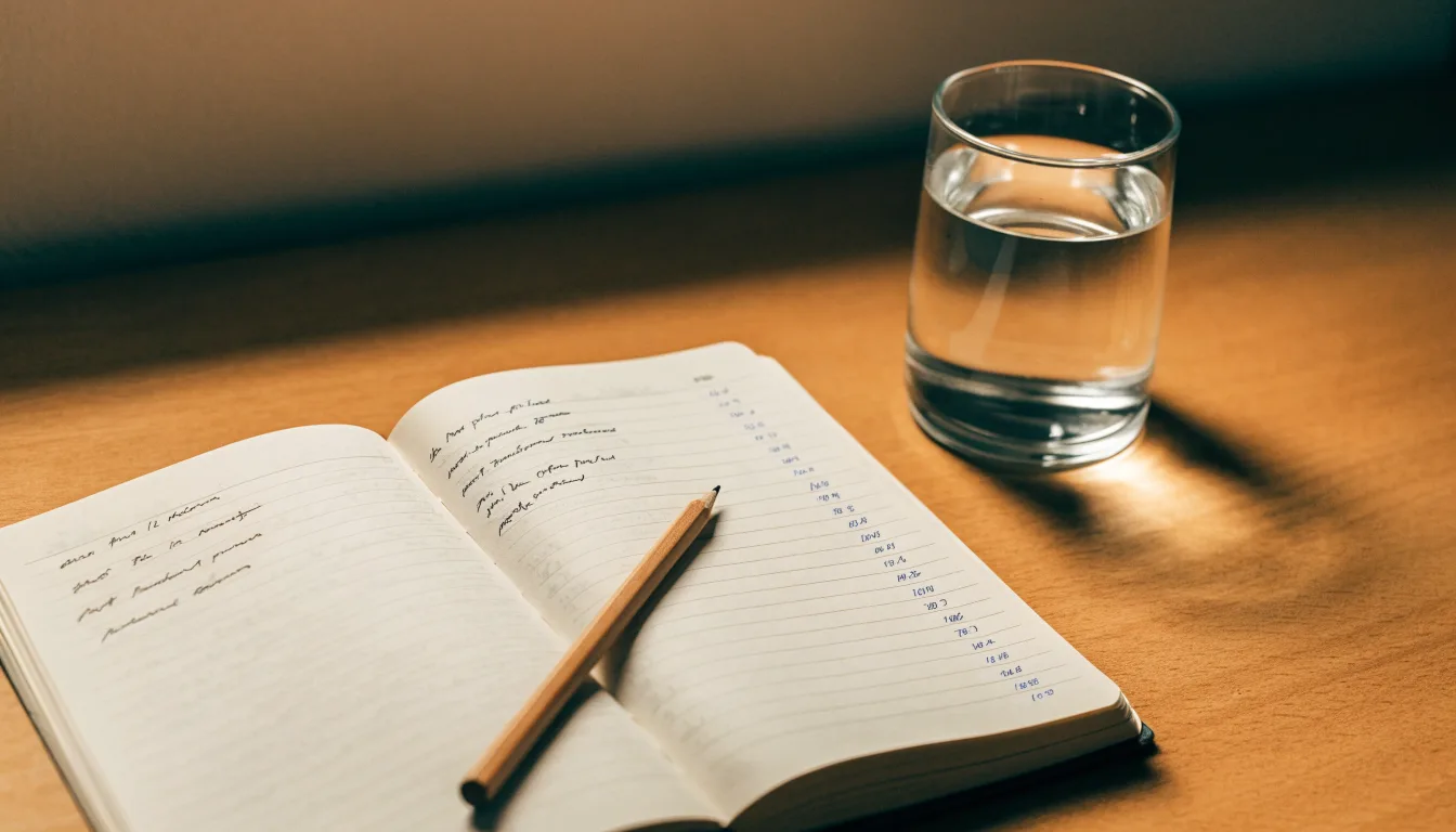 Ein aufgeschlagenes Heft mit handschriftlichen Notizen und ein Bleistift liegen auf einem Schreibtisch, daneben ein Glas Wasser.