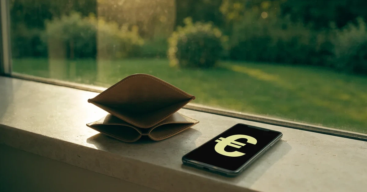 Eine Geldbörse aus Leder liegt geöffnet neben einem Smartphone auf einer Fensterbank, im Hintergrund ein Garten im Gegenlicht.