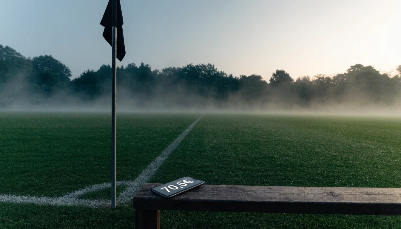 Der Rand eines Spielfelds mit weißer Linie und Eckfahne bei Nebel am frühen Morgen, ohne Menschen.