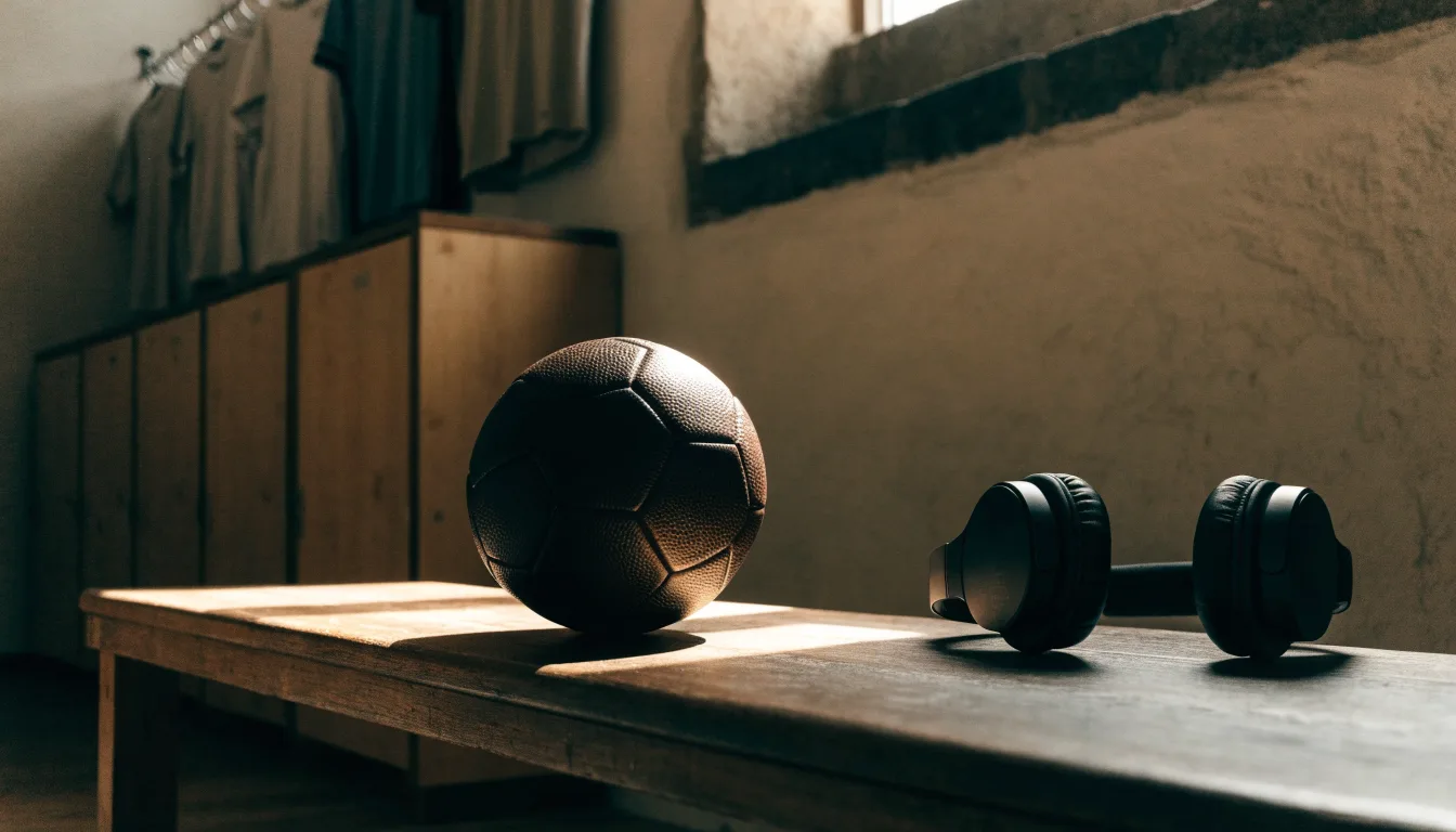 Ein Fußball liegt neben Kopfhörern auf einer Holzbank in einer Umkleide, Licht fällt durch ein schmales Fenster.