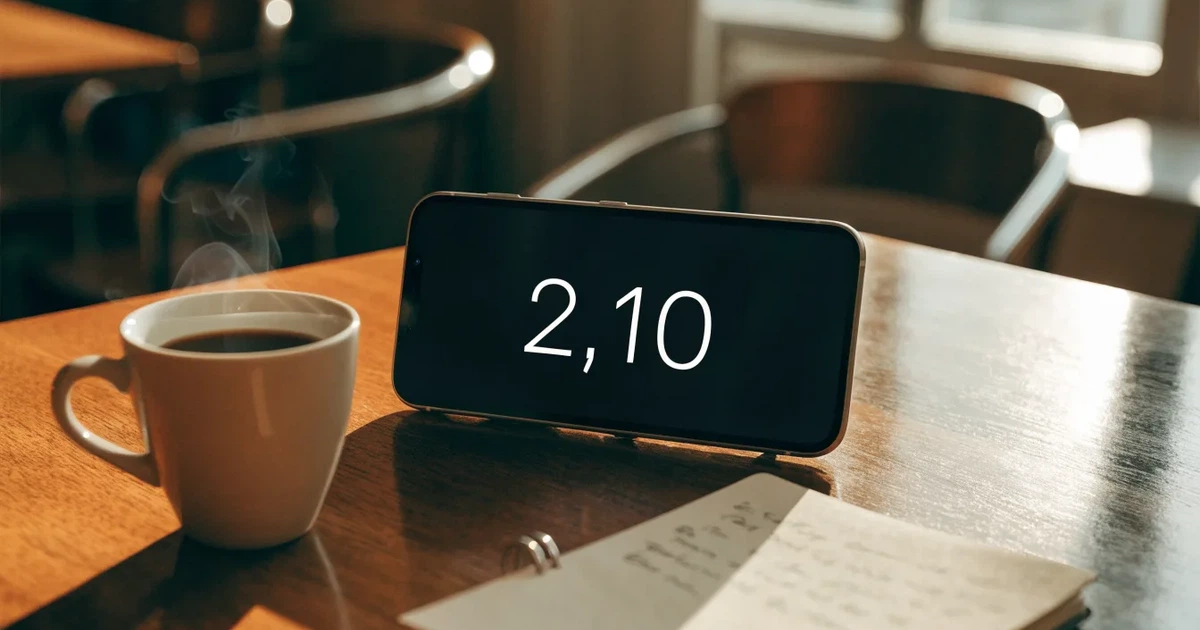 Ein Smartphone mit dunklem Bildschirm liegt auf einem Tisch in einem Café, daneben eine Tasse und ein Notizbuch.
