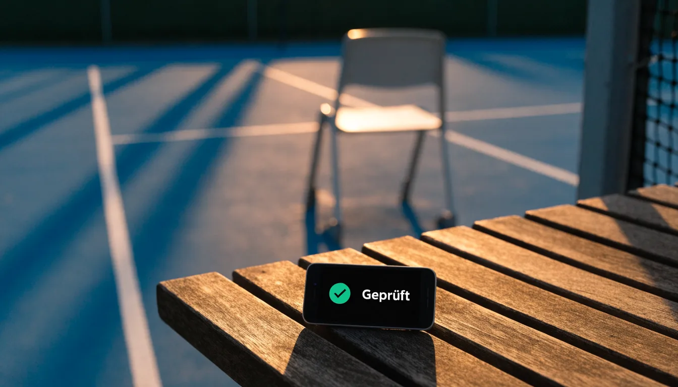 Ein leerer Schiedsrichterstuhl am Spielfeldrand eines Tennisplatzes im Abendlicht, lange Schatten auf dem Belag.