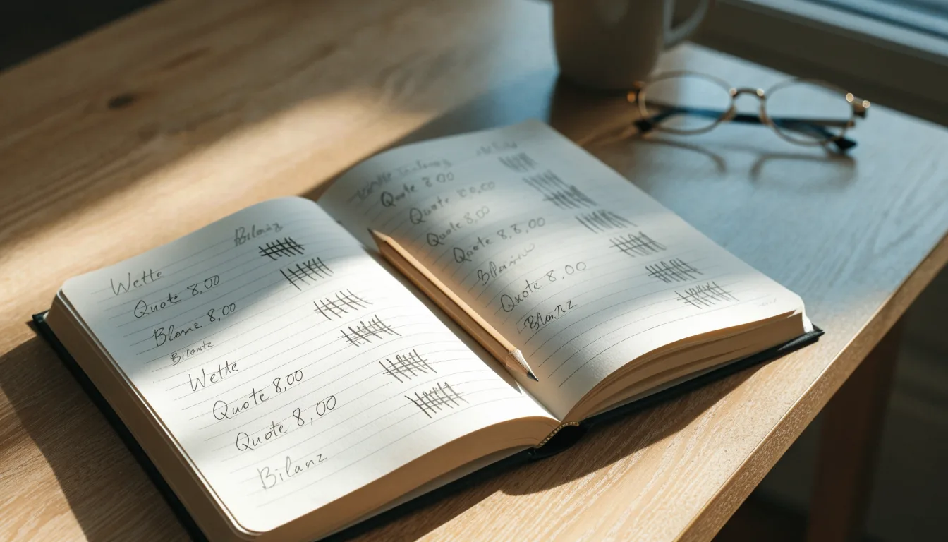 Ein handschriftlich geführtes Heft mit Strichlisten liegt neben einem Bleistift auf einem Tisch, seitlich fällt Tageslicht herein.