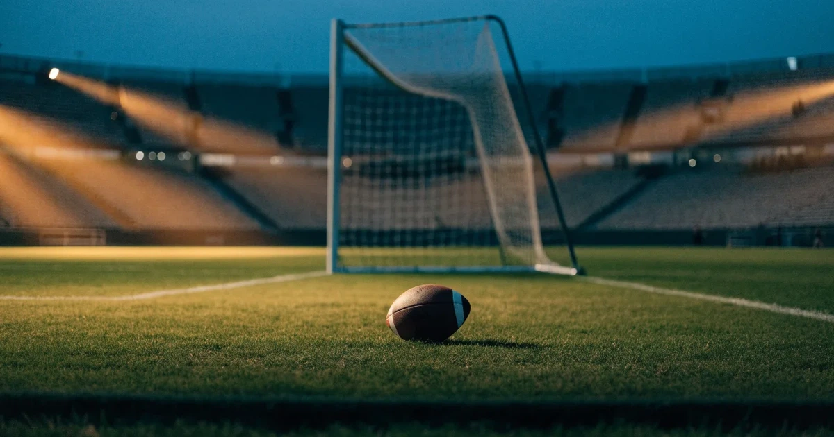 Ein Fußball liegt im Strafraum direkt vor dem Tor mit Netz, im Hintergrund leere Ränge bei Dämmerung.