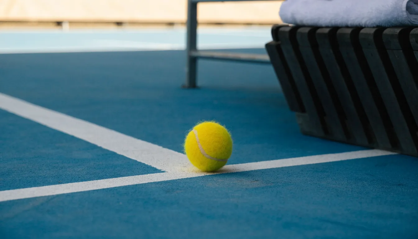 Ein gelber Tennisball liegt auf einer weißen Linie, daneben ein Handtuch auf einer Bank am Spielfeldrand.