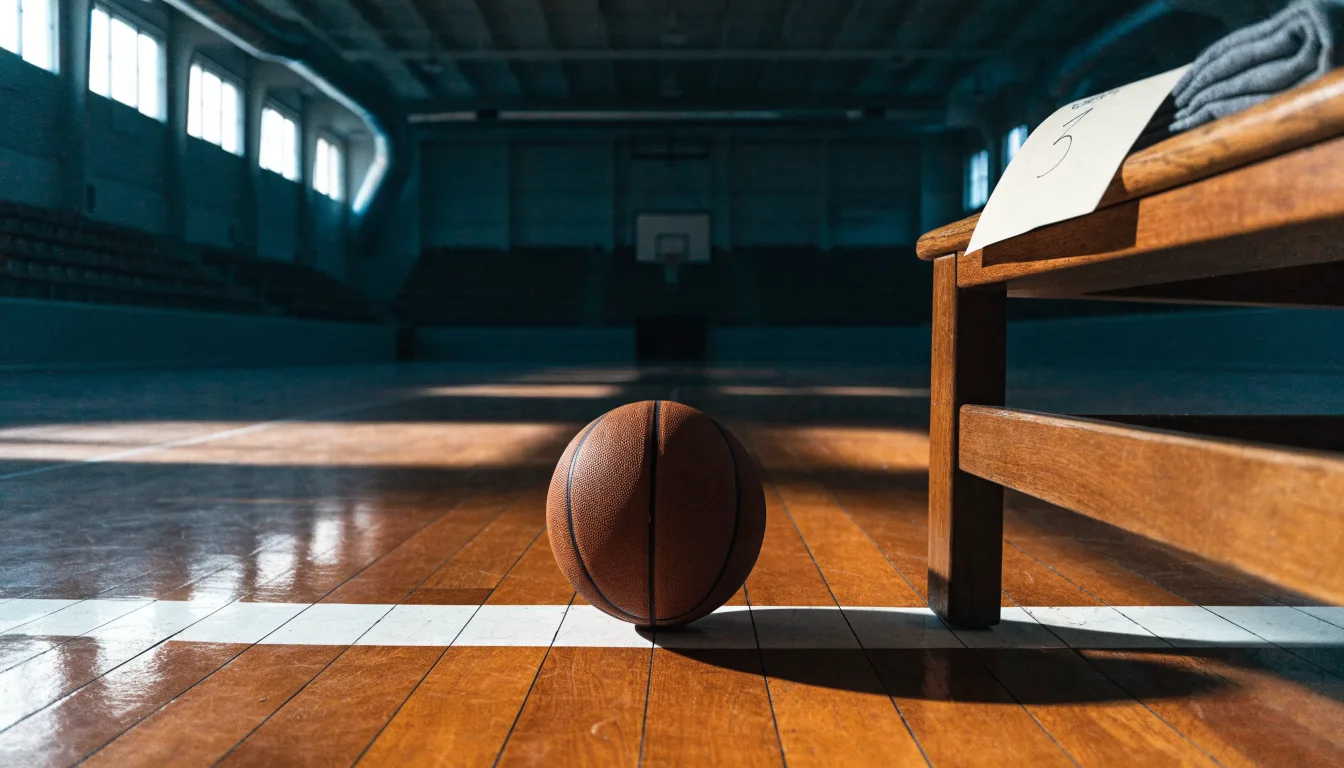 Ein Basketball liegt auf der Freiwurflinie einer Halle, im Vordergrund ein Handtuch auf einer Bank.