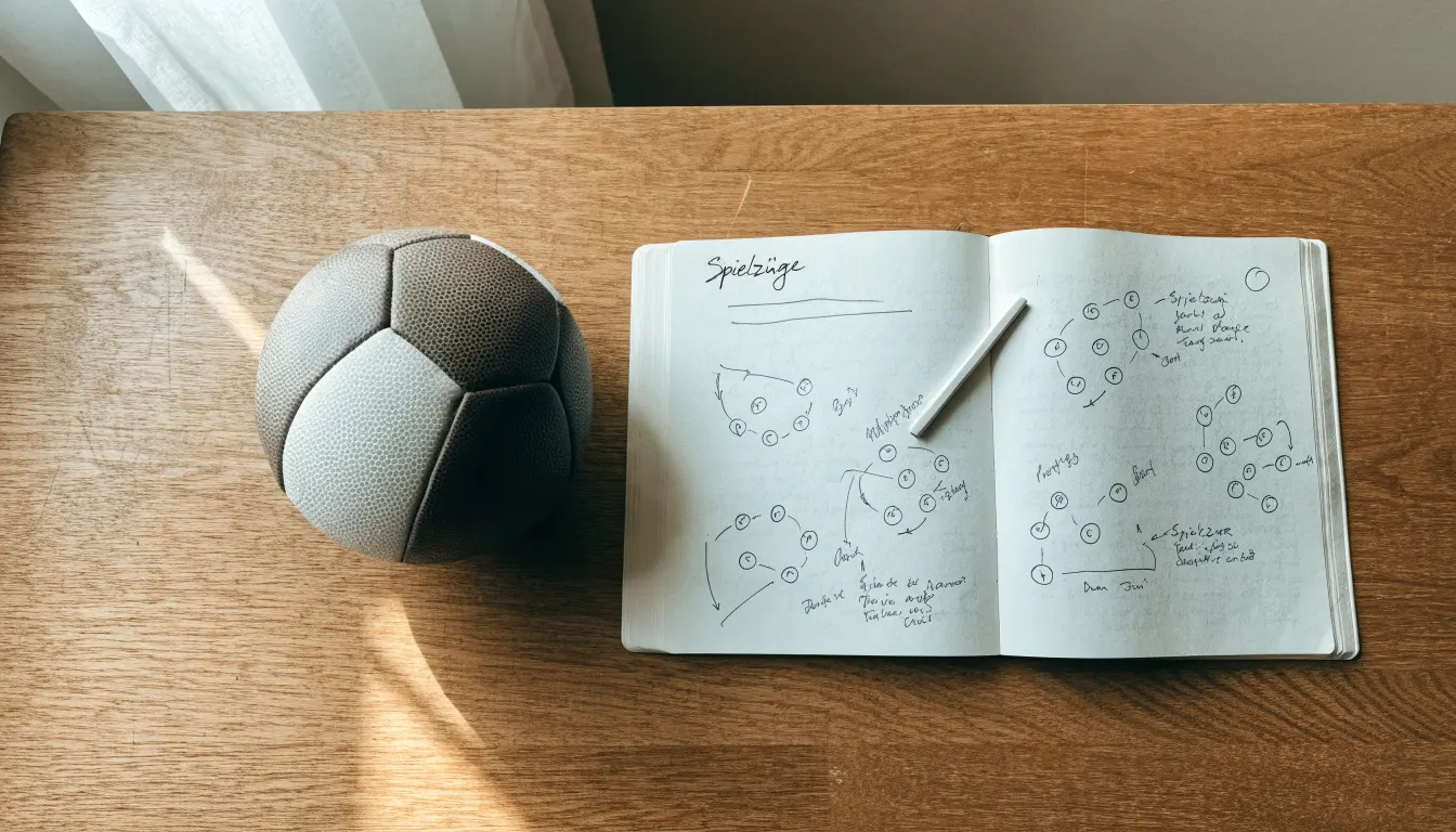 Ein Fußball liegt auf einem Notizbuch mit handgezeichneten Skizzen von Spielzügen, aufgenommen von oben auf einem Holztisch.
