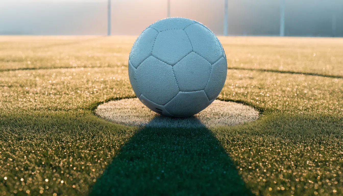 Ein Fußball liegt auf dem Anstoßpunkt eines Rasens bei Sonnenaufgang, Tau glitzert auf den Halmen.