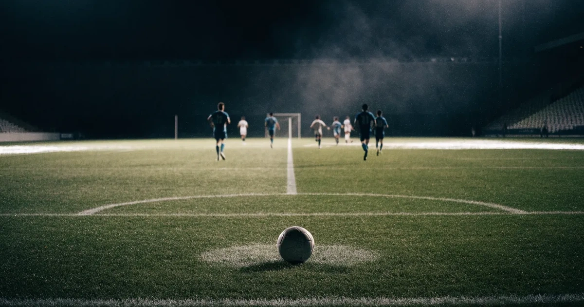 Ein großes Fußballstadion bei Flutlicht von außen, davor ein leerer Vorplatz mit nassem Pflaster und Dunst.