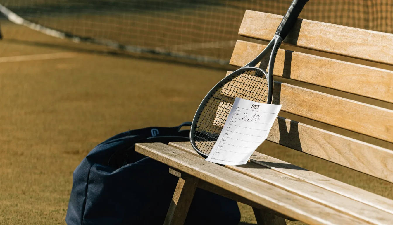 Ein Tennisschläger lehnt an einer Bank neben einer Sporttasche, im Hintergrund ein leerer Platz.