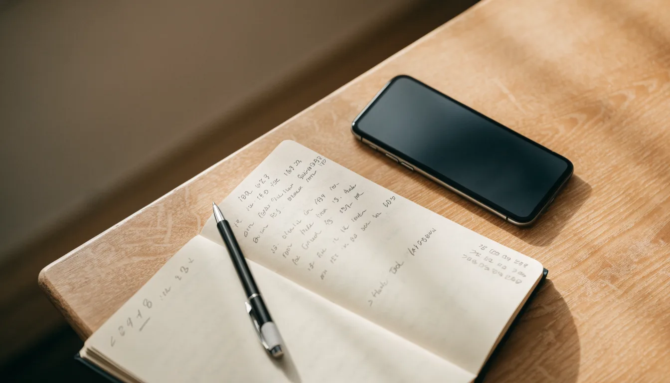 Ein Notizbuch mit handschriftlichen Notizen und ein Kugelschreiber liegen neben einem Smartphone mit dunklem Display auf einem Holztisch.