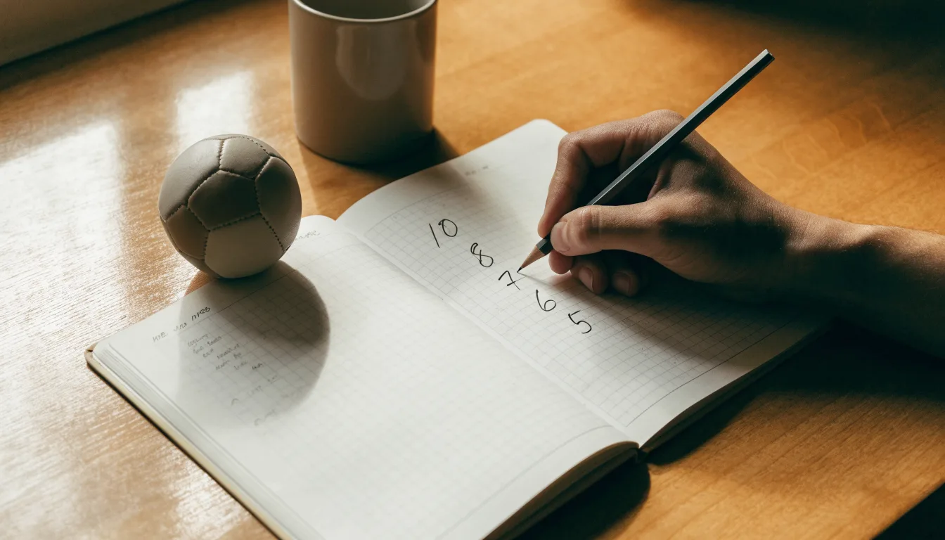 Eine Hand notiert mit Bleistift Zahlen in ein kariertes Heft, daneben liegt ein kleiner Lederfußball auf einer Holzplatte.