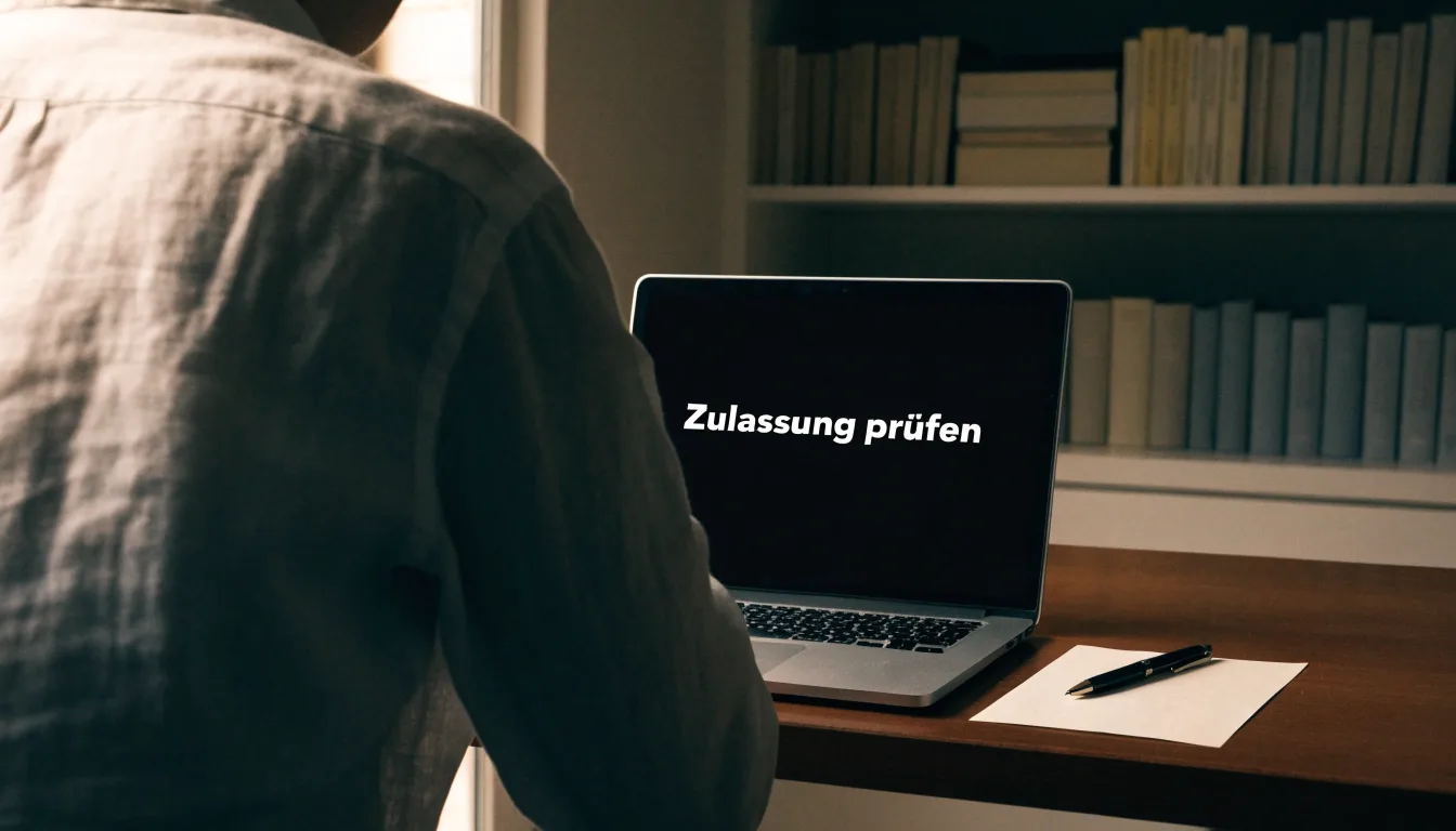 Eine Balkenwaage aus Messing steht auf einem dunklen Holztisch vor einer Bücherwand, gedämpftes Licht, keine lesbare Beschriftung.