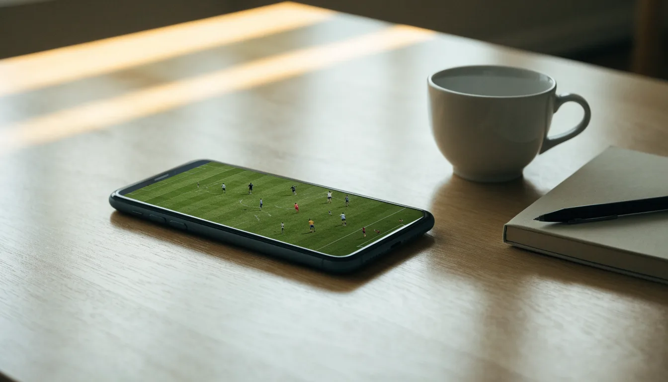 Ein Smartphone mit dunklem Display liegt neben einer Kaffeetasse und einem Notizblock auf einem hellen Tisch.