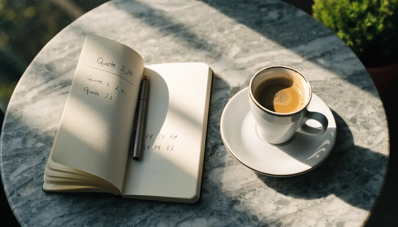 Eine Espressotasse steht auf einem kleinen Marmortisch einer Terrasse, daneben ein Notizheft mit handschriftlichen Skizzen.