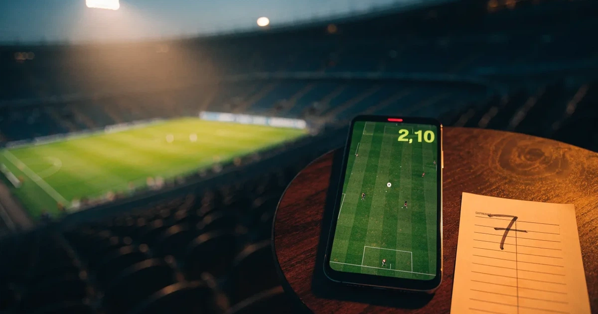 Leere Sitzreihen eines großen Stadions unter Flutlicht, dahinter die ferne Sicht auf den hell beleuchteten Rasen nach Sonnenuntergang.