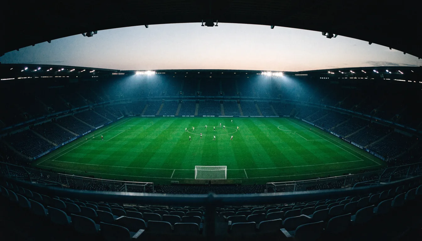 Eine leere Stadiontribüne unter Flutlicht aus der Ferne betrachtet, die Rasenfläche leuchtet grün in der Dämmerung.