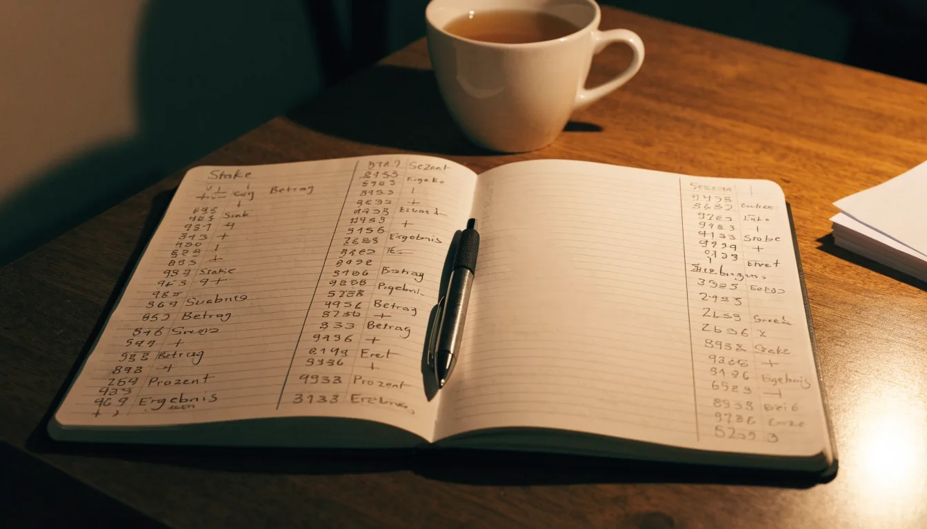 Ein Notizbuch mit handschriftlichen Rechnungen und ein Taschenrechner liegen auf einem aufgeräumten Schreibtisch in warmem Licht.