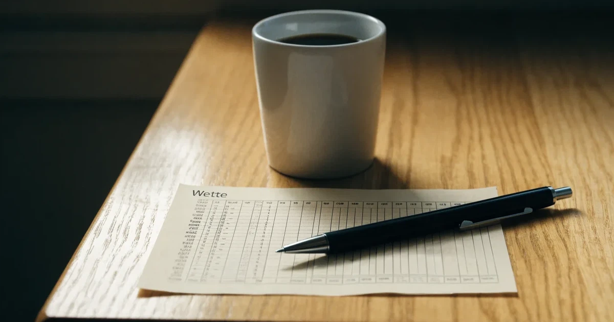 Ein leerer Papier-Wettschein liegt neben einem Kugelschreiber und einer Kaffeetasse auf einem hellen Holztisch, Tageslicht von links.