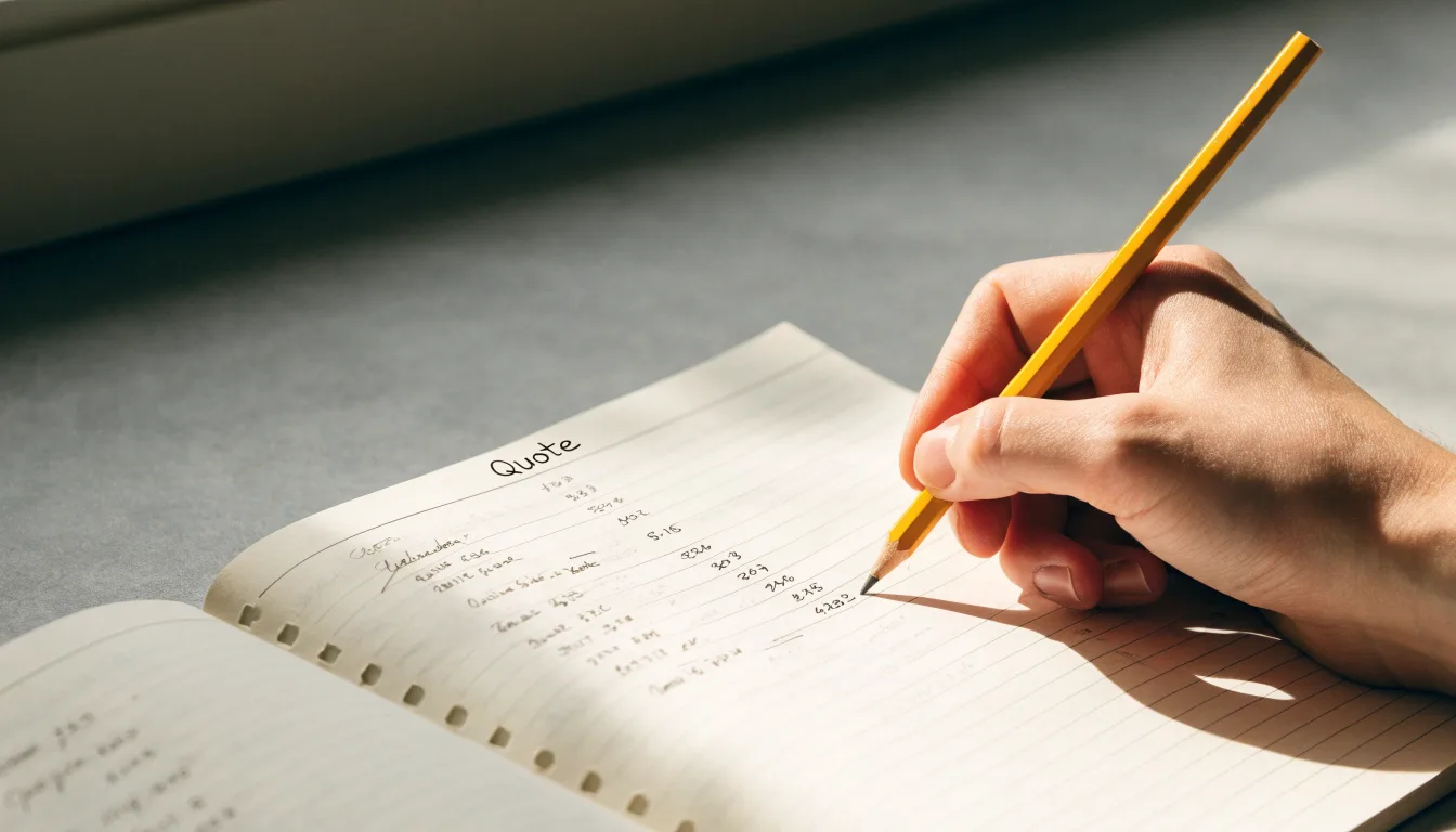 Ein Taschenrechner, ein Bleistift und ein Block mit handschriftlichen Zahlenreihen liegen auf einer grauen Arbeitsfläche.