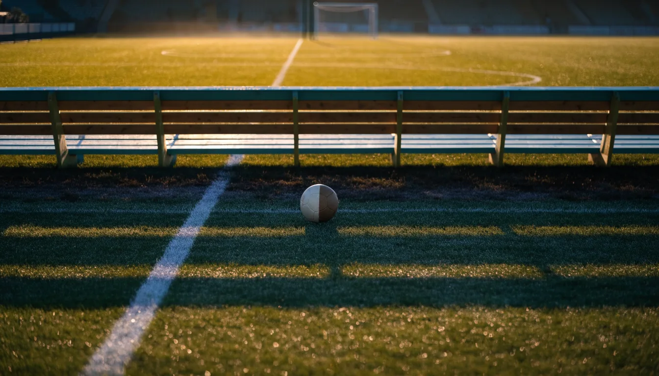Ein Fußballplatz mit frisch gezogenen Kreidelinien im ersten Morgenlicht, leere Ersatzbänke am Spielfeldrand.
