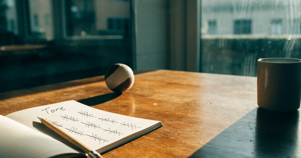 Ein Notizbuch mit handschriftlichen Strichlisten, ein Bleistift und ein kleiner Fußball liegen auf einem Schreibtisch vor einem Fenster.