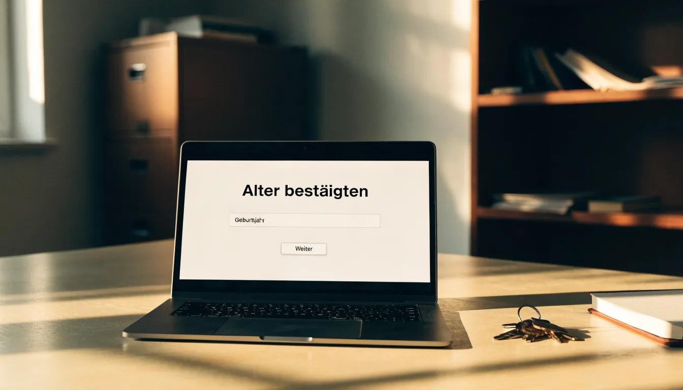 Ein Schlüsselbund liegt auf einer Holzplatte neben einem Taschenkalender, im Hintergrund eine verschwommene Büroeinrichtung.