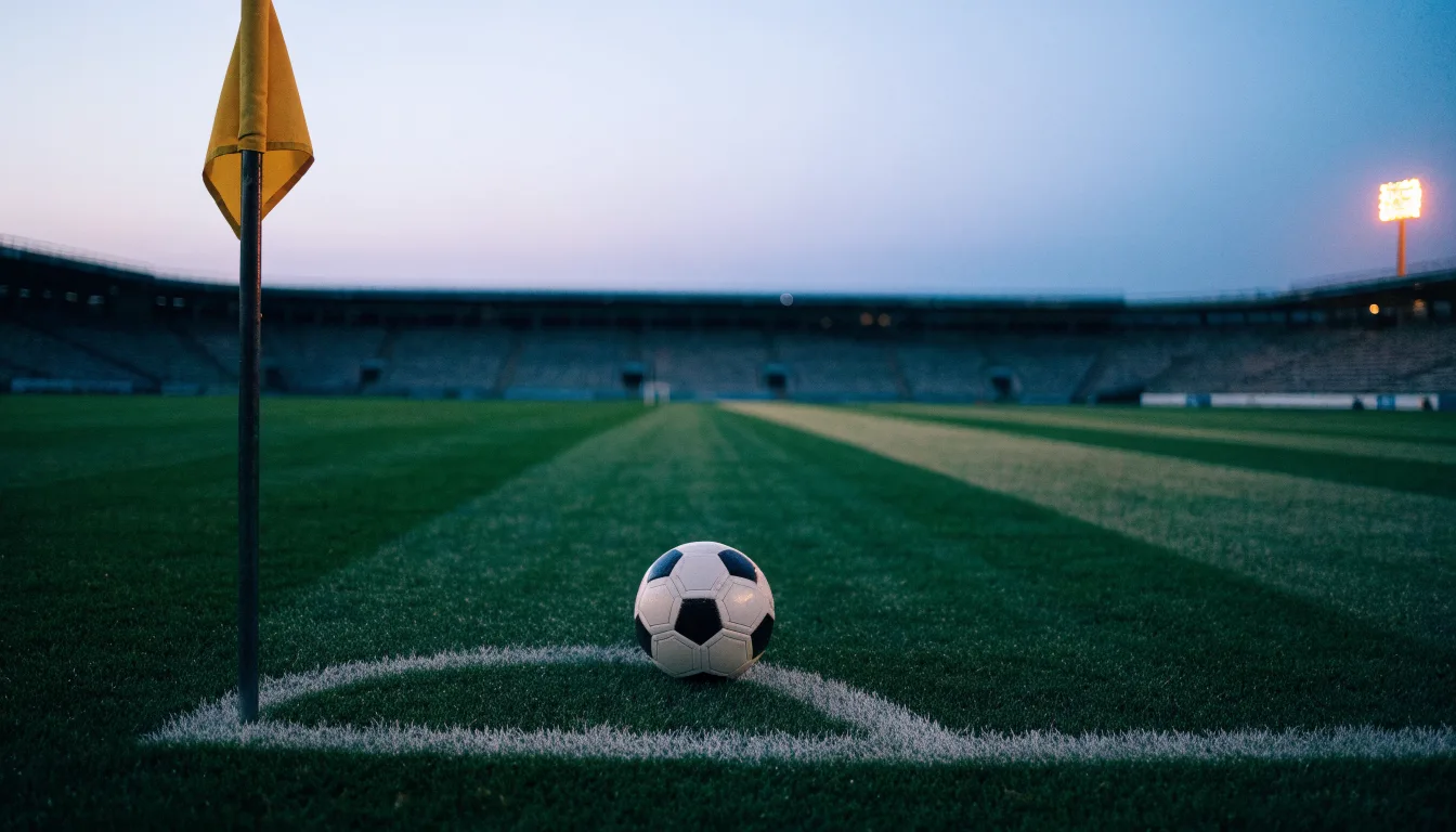 Ein Fußball liegt neben einem Eckfahnen-Pfosten auf einem Rasenplatz, im Hintergrund ein leeres Stadion in der Dämmerung.