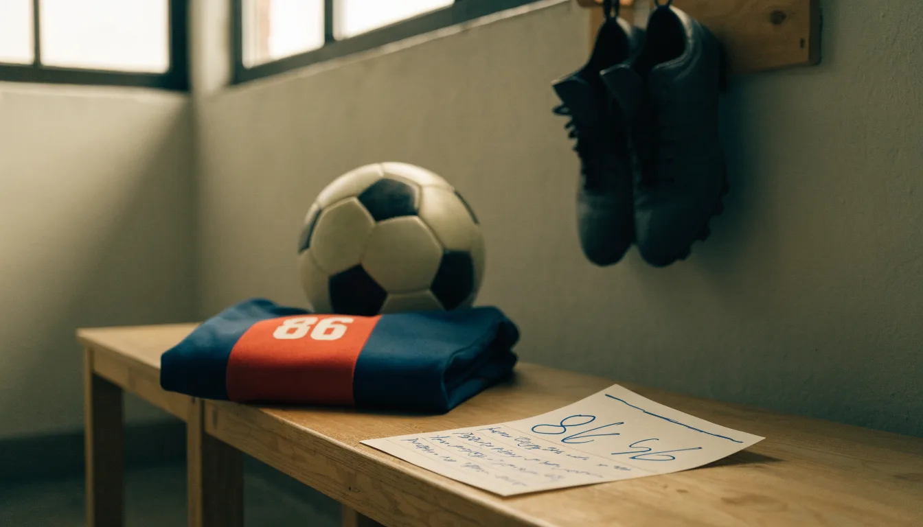 Ein Paar Fußballschuhe hängt an den Schnürsenkeln an einem Holzhaken in einer leeren Umkleidekabine.
