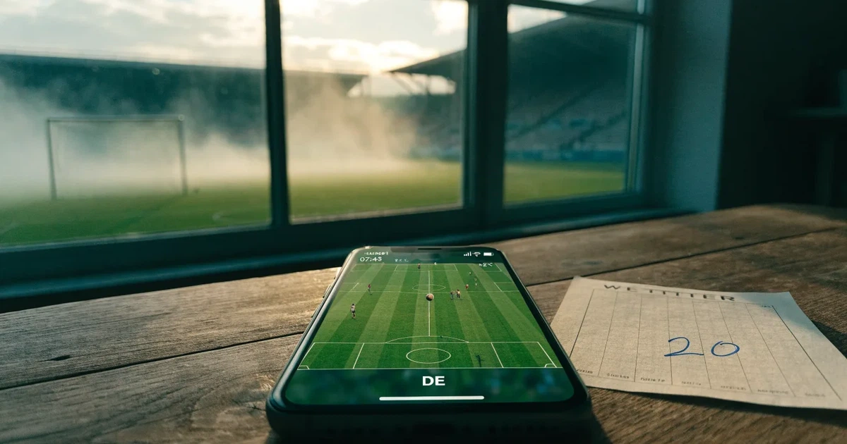 Ein Fußballplatz mit gepflegtem Rasen und einem Tor, über dem Spielfeld liegt Morgennebel, im Hintergrund eine leere Tribüne.