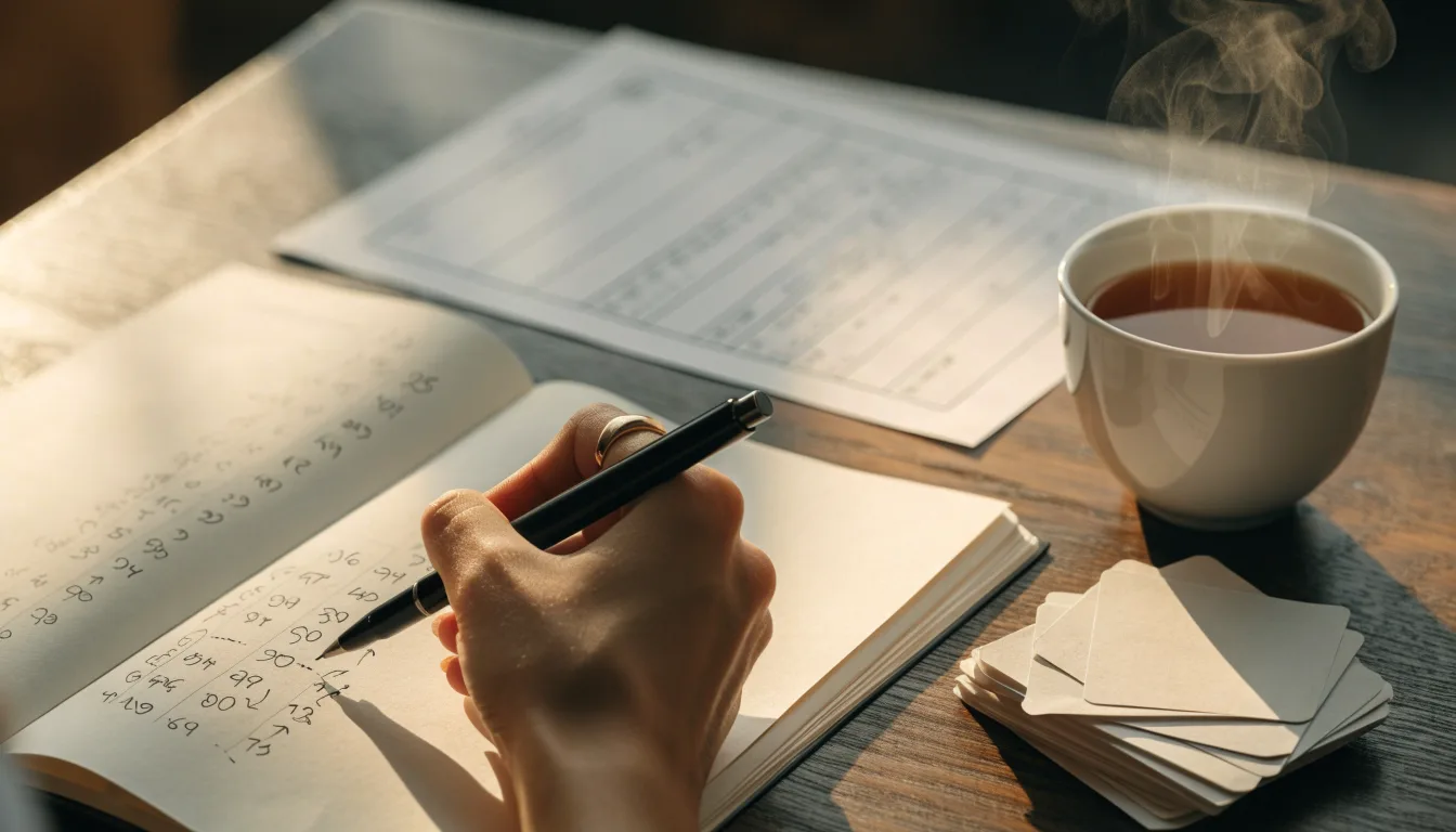 Ein Schreibtisch mit Taschenrechner, Bleistift und einem Block voller handschriftlicher Rechnungen, daneben eine Tasse Tee.