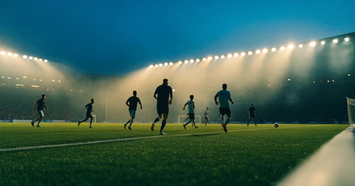 Eine Flutlichtanlage ragt über einen Trainingsplatz, auf dem Rasen liegen verstreut Hütchen und ein Ball, am Himmel die Abenddämmerung.