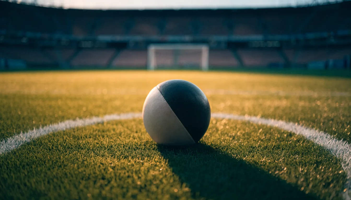 Ein Fußball liegt auf dem Rasen im Mittelkreis, die Kreidelinien führen scharf ins Bild, dahinter verschwimmt eine Tribüne.