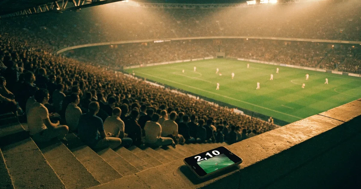 Ein großes Stadion bei Nacht, aus der Ferne unter Flutlicht gesehen, die Ränge hell erleuchtet, der Rasen leuchtend grün.