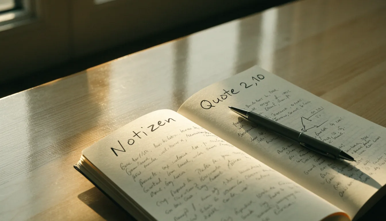 Ein aufgeschlagenes Notizbuch mit handschriftlichen Skizzen von Spielzügen liegt neben einem Kugelschreiber auf einem Holztisch.