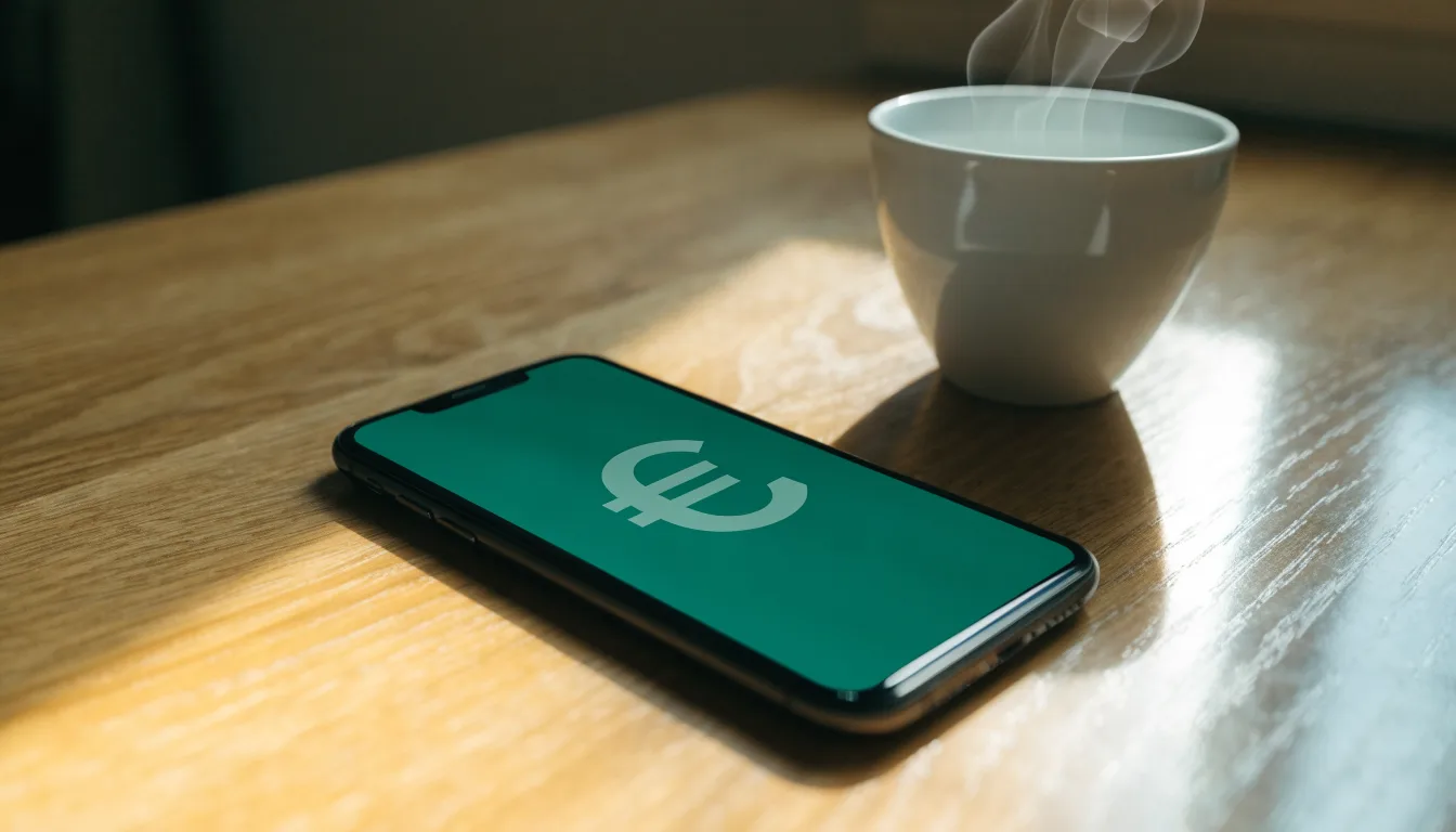 Ein Smartphone mit dunklem Display liegt neben einer Kaffeetasse auf einem Holztisch im Licht eines Fensters.