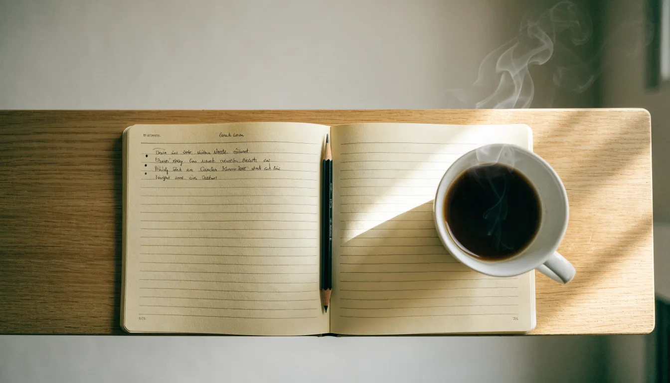 Ein aufgeschlagenes Notizbuch mit handgeschriebenen Stichpunkten und ein Bleistift liegen neben einer Kaffeetasse auf einem hellen Holztisch.