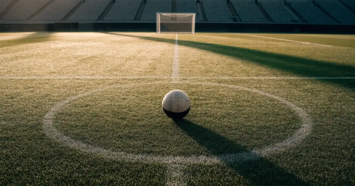Ein Fußball liegt auf dem Mittelkreis eines Stadionrasens am frühen Morgen, im Hintergrund leere Ränge ohne erkennbare Beschriftung.