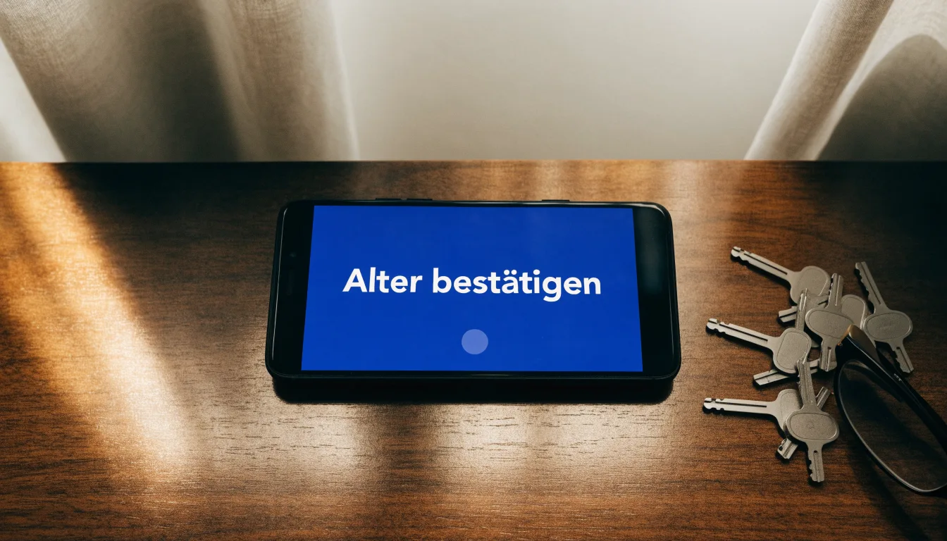 Ein Smartphone liegt mit dunklem Display auf einem Holztisch neben einem Schlüsselbund und einer Brille im Licht eines Fensters.