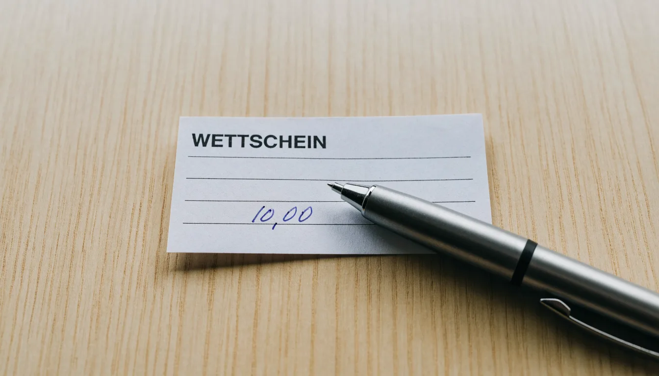 Ein leerer Papier-Wettschein und ein Kugelschreiber liegen auf einer Theke aus hellem Holz im Tageslicht.