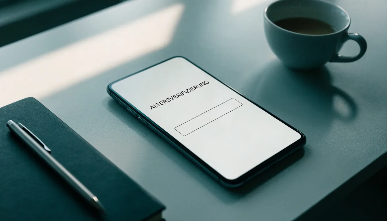 Ein Smartphone liegt mit dunklem Display auf einem Schreibtisch neben einem Notizbuch und einer Kaffeetasse.