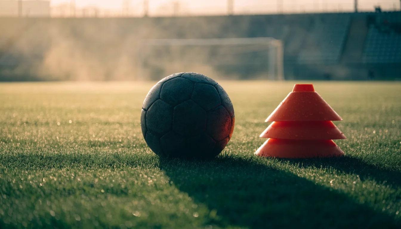 Ein Fußball liegt auf einem Rasenplatz bei Sonnenaufgang, daneben ein kleiner Stapel Trainingshütchen.